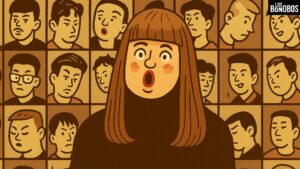 Ilustración satírica de Sister Hong con fondo de comerciantes chinos cargando bolsas – creada por LosBonobos.com