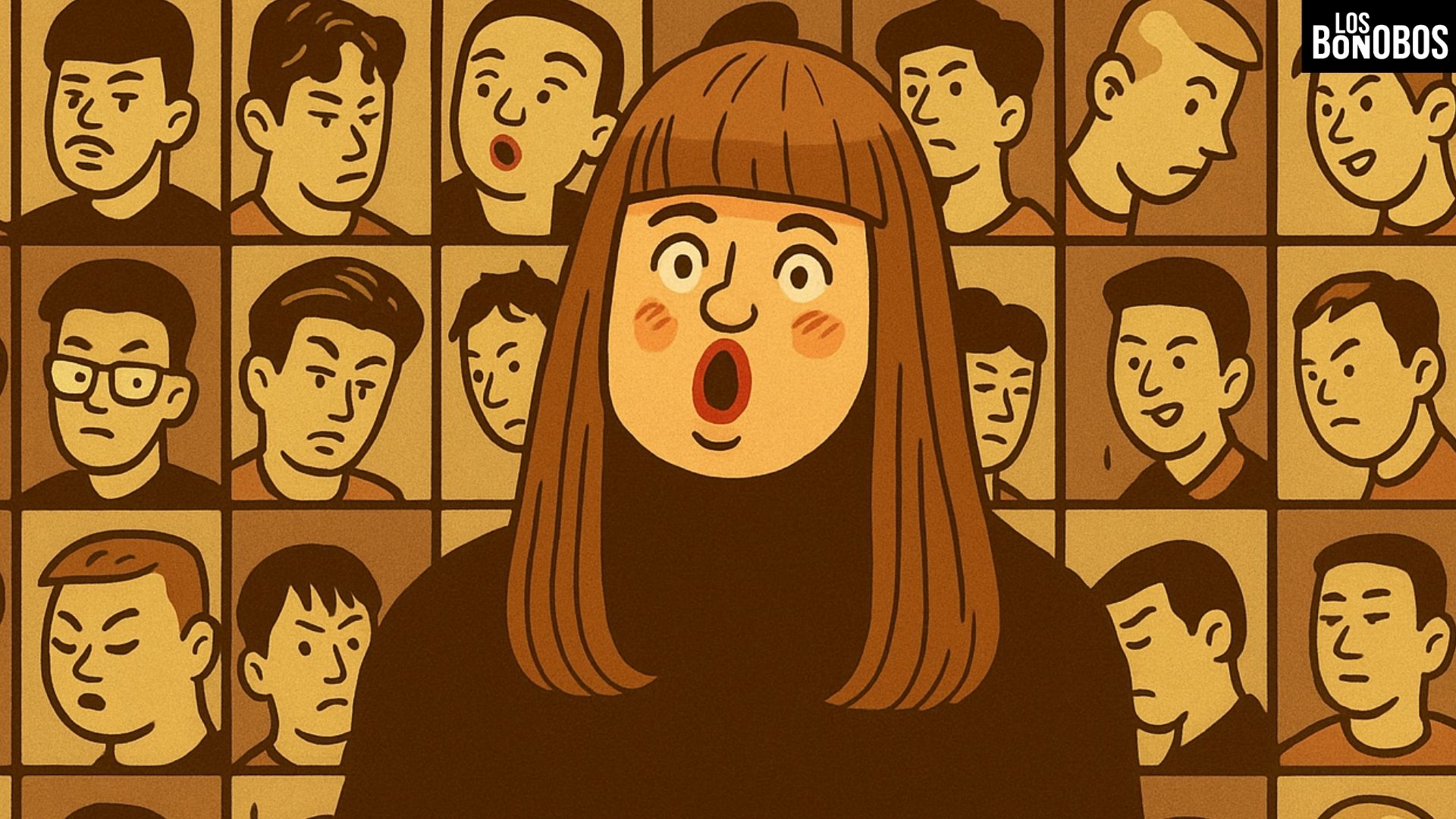 Ilustración satírica de Sister Hong con fondo de comerciantes chinos cargando bolsas – creada por LosBonobos.com