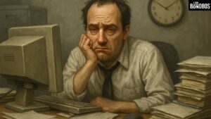 Persona frustrada y amargada en su escritorio de oficina, ambiente laboral tóxico, cansancio y estrés laboral | creado por losbonobos.com