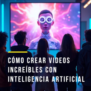 Personas fascinadas viendo una pantalla grande con videos generados por inteligencia artificial en un estudio futurista.