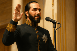 Nayib Bukele saluda frente a una multitud durante su mandato presidencial en El Salvador, símbolo de su reelección indefinida. creador: por losbonobos.com