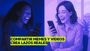 Personas compartiendo memes y videos en redes sociales, simbolizando la conexión emocional digital. Imagen creada por Los Bonobos para losbonobos.com.