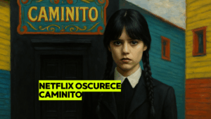 Ilustración realista de Merlina Addams frente a la entrada oscurecida de Caminito en Buenos Aires, parte de una sátira cultural creada por losbonobos.com