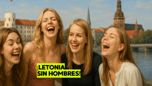 Mujeres letonas caminando en Riga, reflejando la crisis demográfica por escasez de hombres, diseño gráfico por Los Bonobos