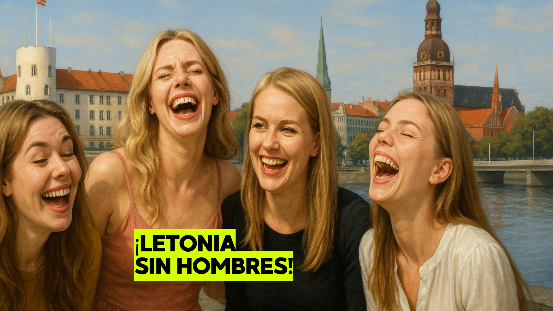 Mujeres letonas caminando en Riga, reflejando la crisis demográfica por escasez de hombres, diseño gráfico por Los Bonobos