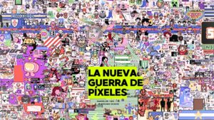 Mapa digital de Wplace mostrando banderas, símbolos y mensajes en una guerra de píxeles
