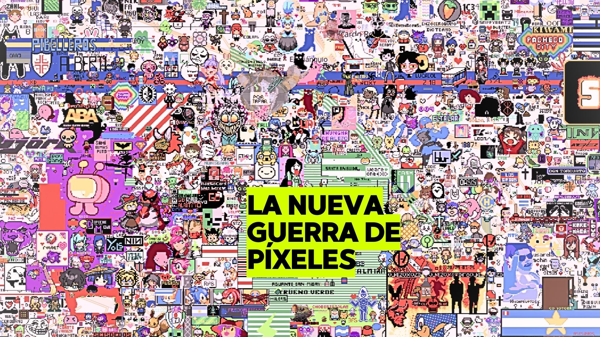 Mapa digital de Wplace mostrando banderas, símbolos y mensajes en una guerra de píxeles