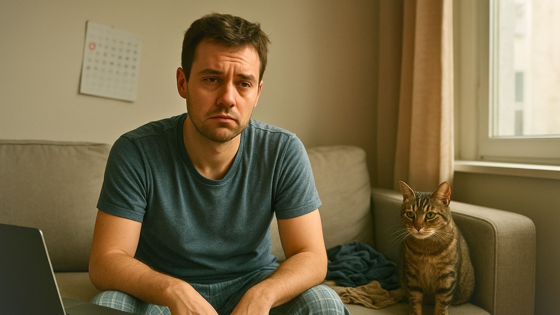Un hombre de unos 30 años con expresión triste y agotada, sentado en un sofá gris con ropa casual. A su lado, un gato atigrado le hace compañía. En el fondo, se ve un calendario y la luz de una ventana. La imagen transmite una sensación de soledad, tristeza y agotamiento mental.