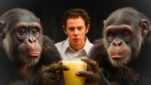 Tres bonobos señalando golosinas durante un experimento que demuestra su capacidad de reconocer la ignorancia humana