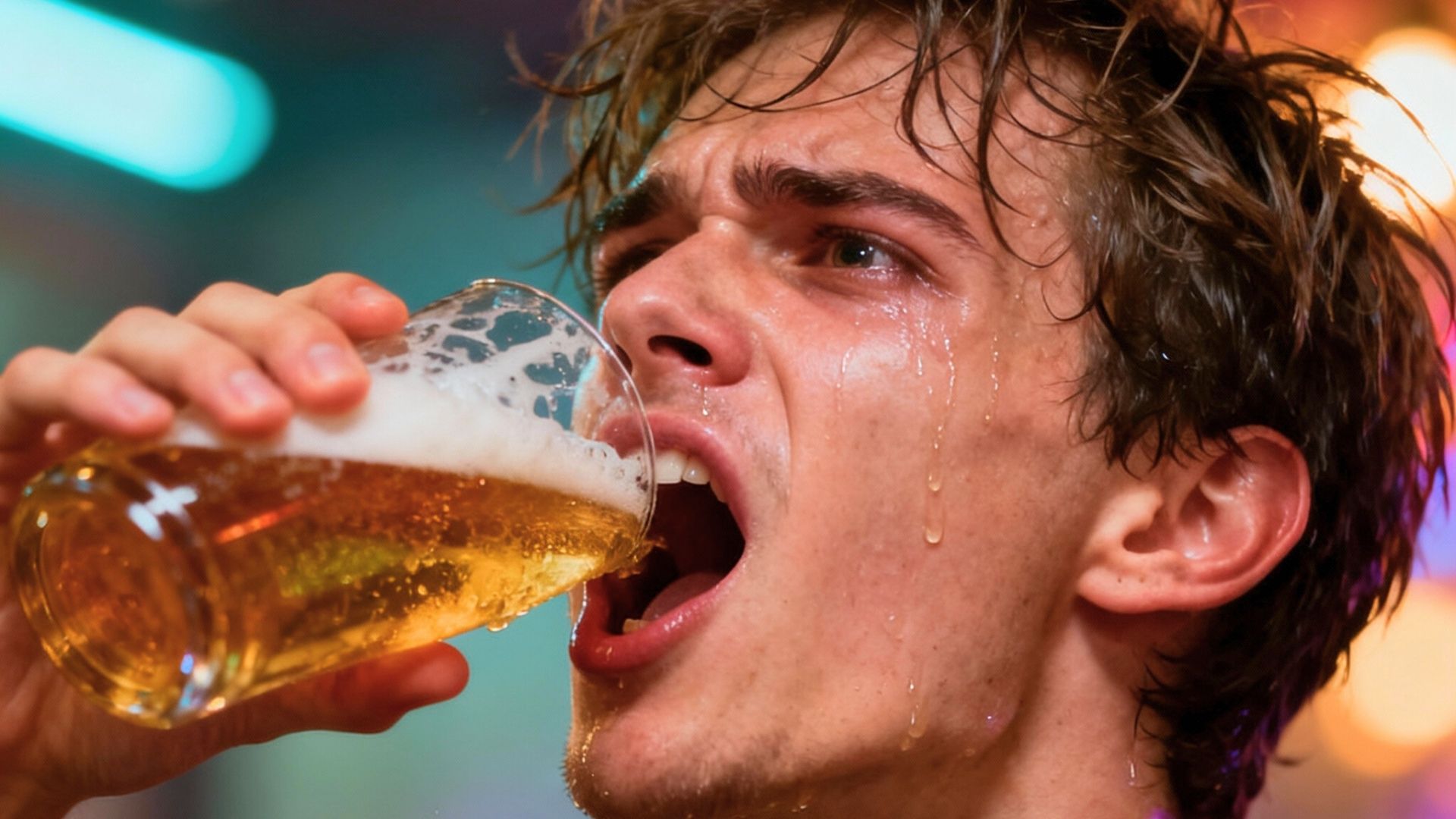 Persona joven muy sedienta tomando cerveza en primer plano hiperrealista