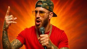 Sergio Ramos cantando reguetón en su debut musical 'Cibeles', producción de Ovy on the Drums y C. Tangana, imagen creada por Los Bonobos