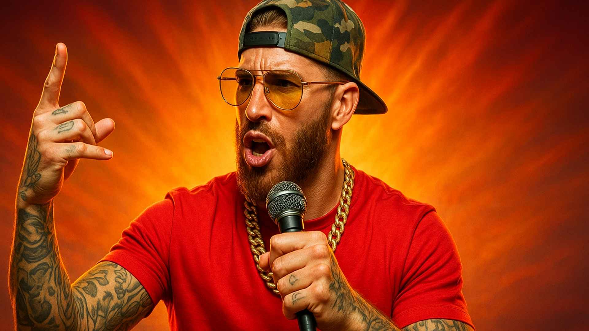 Sergio Ramos cantando reguetón en su debut musical 'Cibeles', producción de Ovy on the Drums y C. Tangana, imagen creada por Los Bonobos