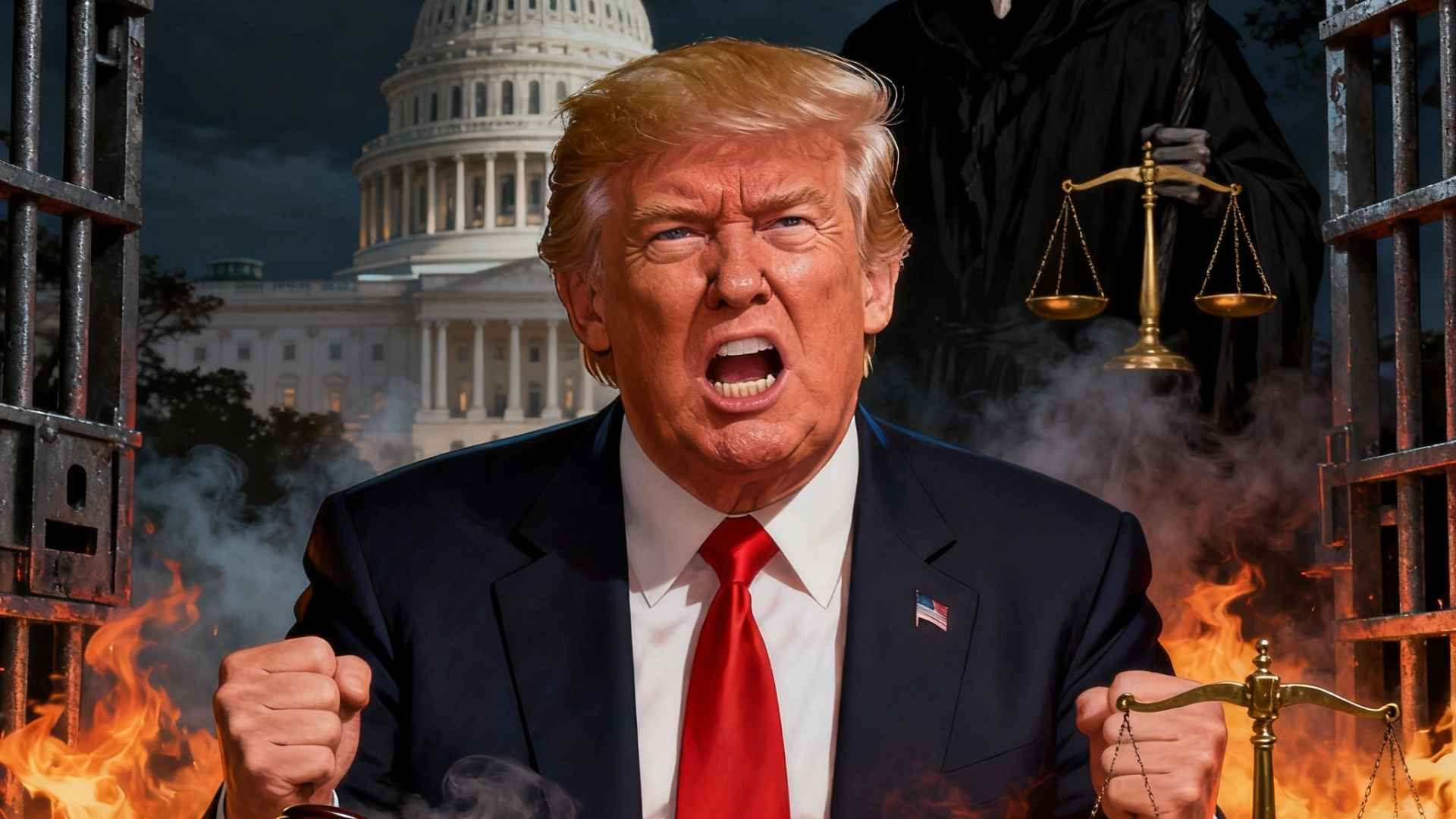 Caricatura hiperrealista de Donald Trump con expresión desafiante, fondo oscuro de Washington DC con llamas y humo, y la parca detrás.