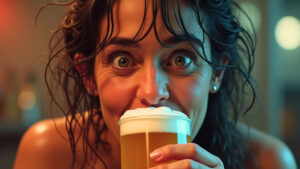 Persona bebiendo cerveza sin resaca de forma exagerada, expresión cómica y satírica, estilo realista