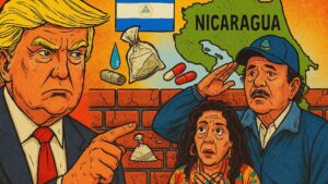Mapa de Nicaragua con íconos de drogas y un muro simbólico, ilustrando la designación de EE.UU. y las críticas al régimen de Ortega y Murillo