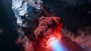 Imagen hiperrealista dramática del cometa interestelar 3I/ATLAS acercándose al sistema solar﻿