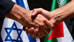 Zona urbana destruida en Gaza con soldados y convoy humanitario durante alto al fuego