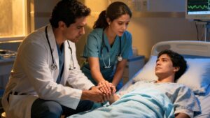 Mano de médico sosteniendo mano de paciente en hospital, simbolizando eutanasia y dignidad