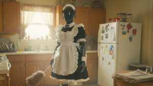 humanoide Figure 03 realizando tareas domésticas en cocina futurista