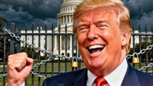 Donald Trump grande riendo con edificio federal cerrado con cadenas y candados durante shutdown en EE.UU.