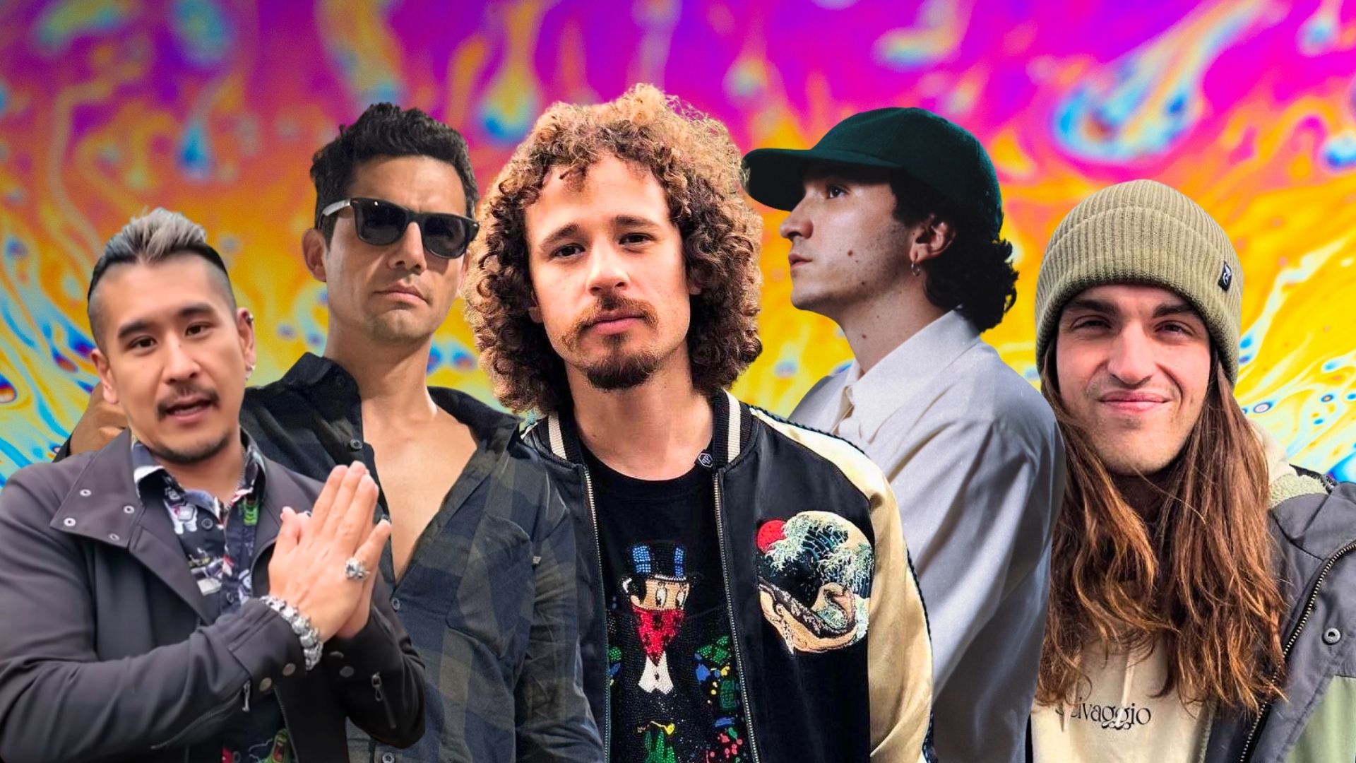 Retrato grupal hiperrealista de cinco vloggers viajando juntos luisitocuminica, planetajuan, japantonic, lethalcrysis