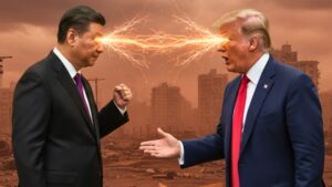 Mercado financiero en caos por aranceles de Trump a China, gráficos desplomándose y toro dorado en llamas.