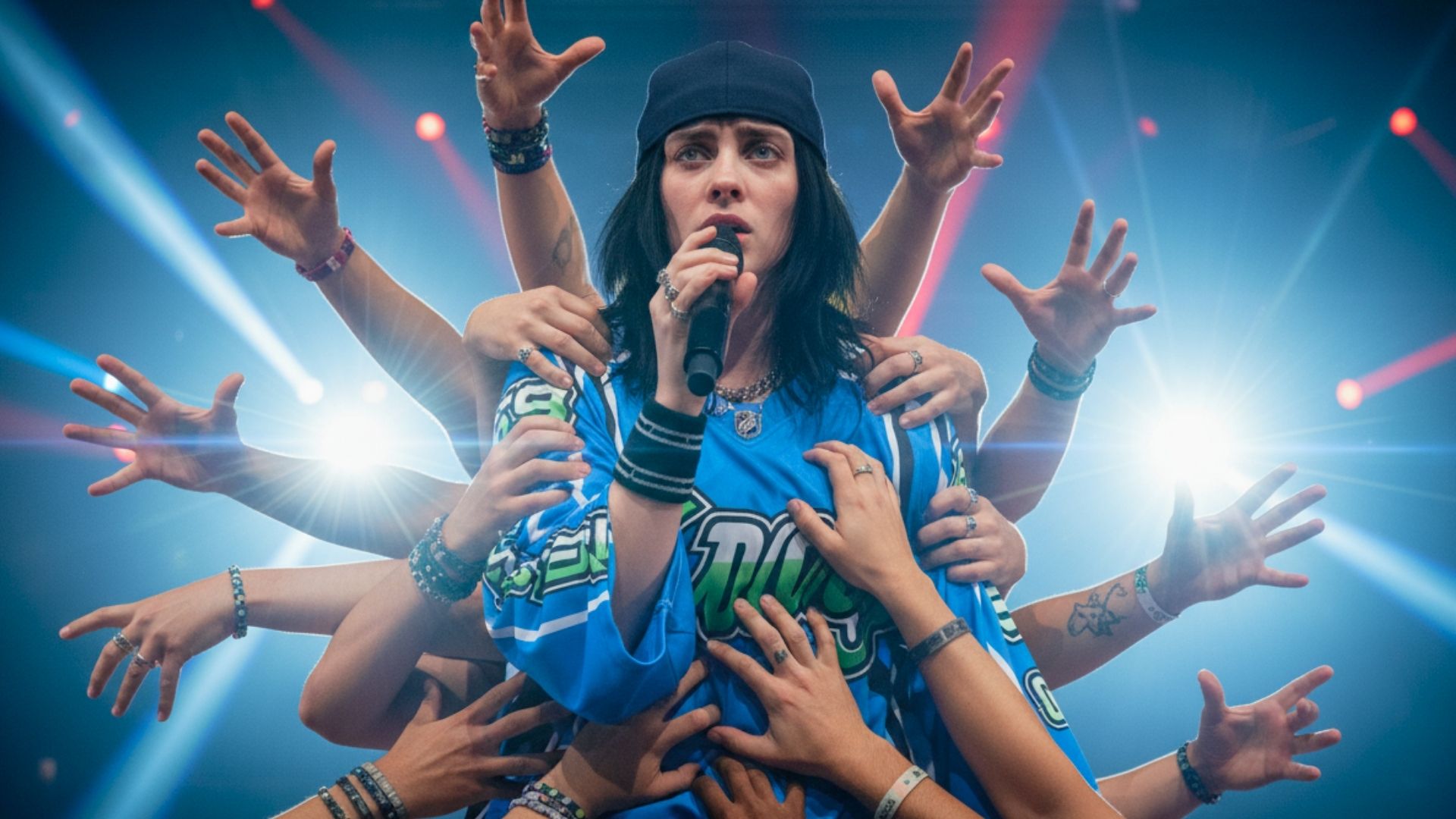 Billie Eilish siendo arrastrada por un fan durante concierto en Miami