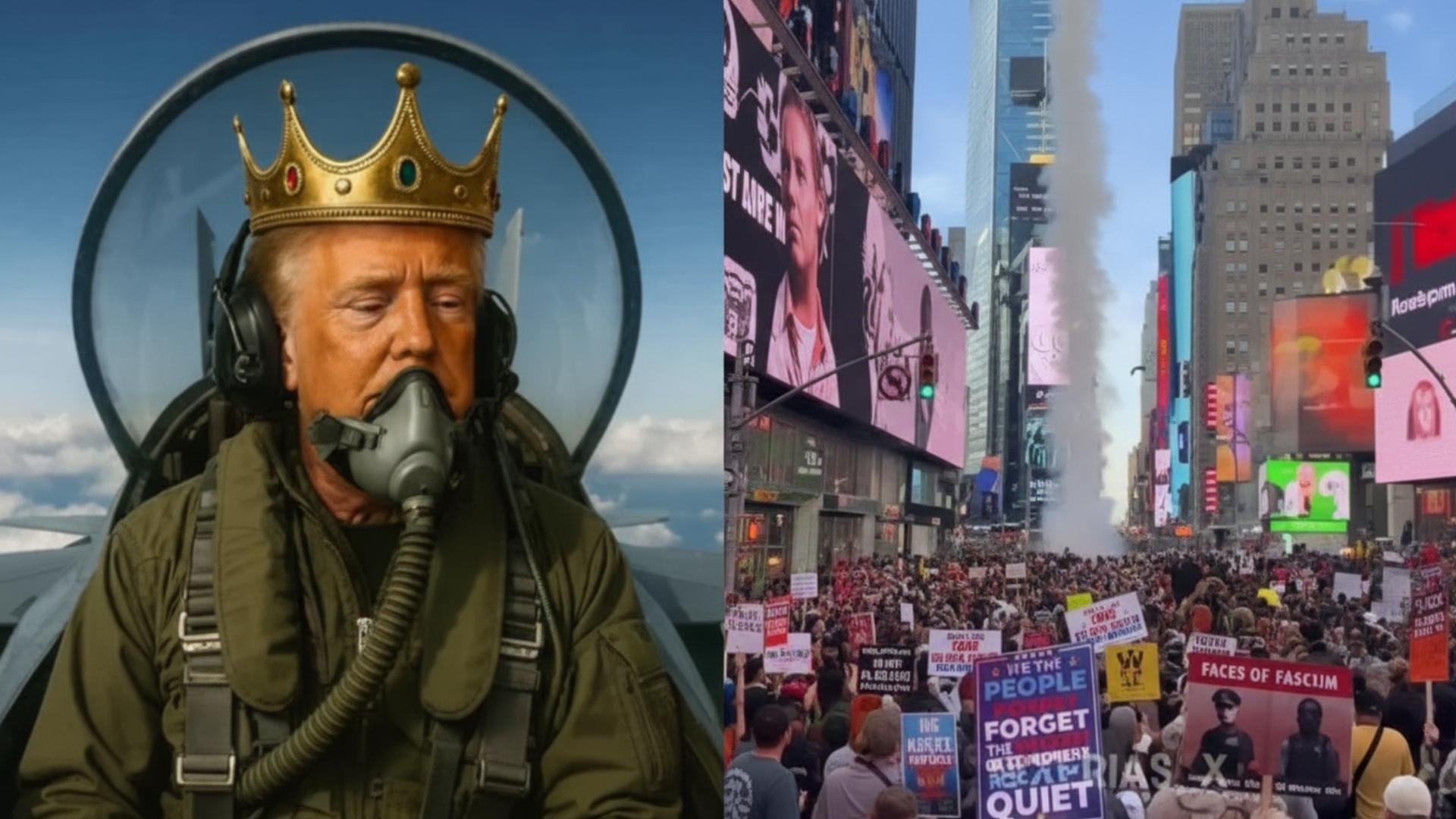 Video IA de Trump con corona pilotando jet sobre manifestantes No Kings
