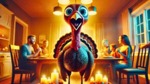 Familias celebrando el Día de Acción de Gracias con la cena tradicional de pavo, mesas decoradas y ambiente festivo durante la celebración de 2025 — Imagen informativa de Los Bonobos.