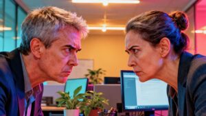 el ambiente de desconfianza y competencia común en oficinas modernas, reflejando la complejidad de las relaciones laborales.