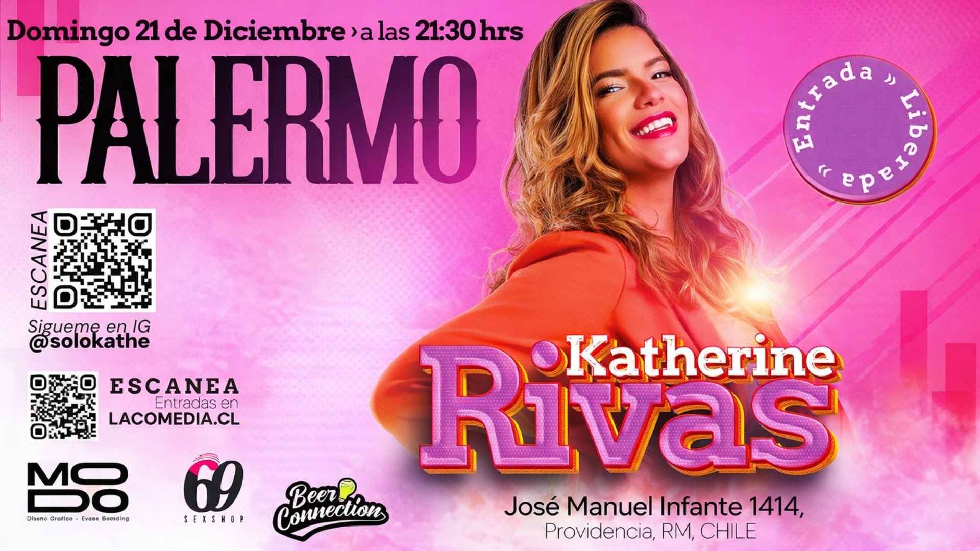 Katherine Rivas presentando su show de comedia sin filtro en Palermo Teatro Bar, evento en Santiago de Chile promovido por Los Bonobos.