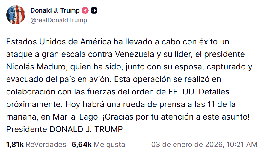 Trump afirma que capturó a Nicolás Maduro y a Cilia Flores tras ataque militar a gran escala en Venezuela