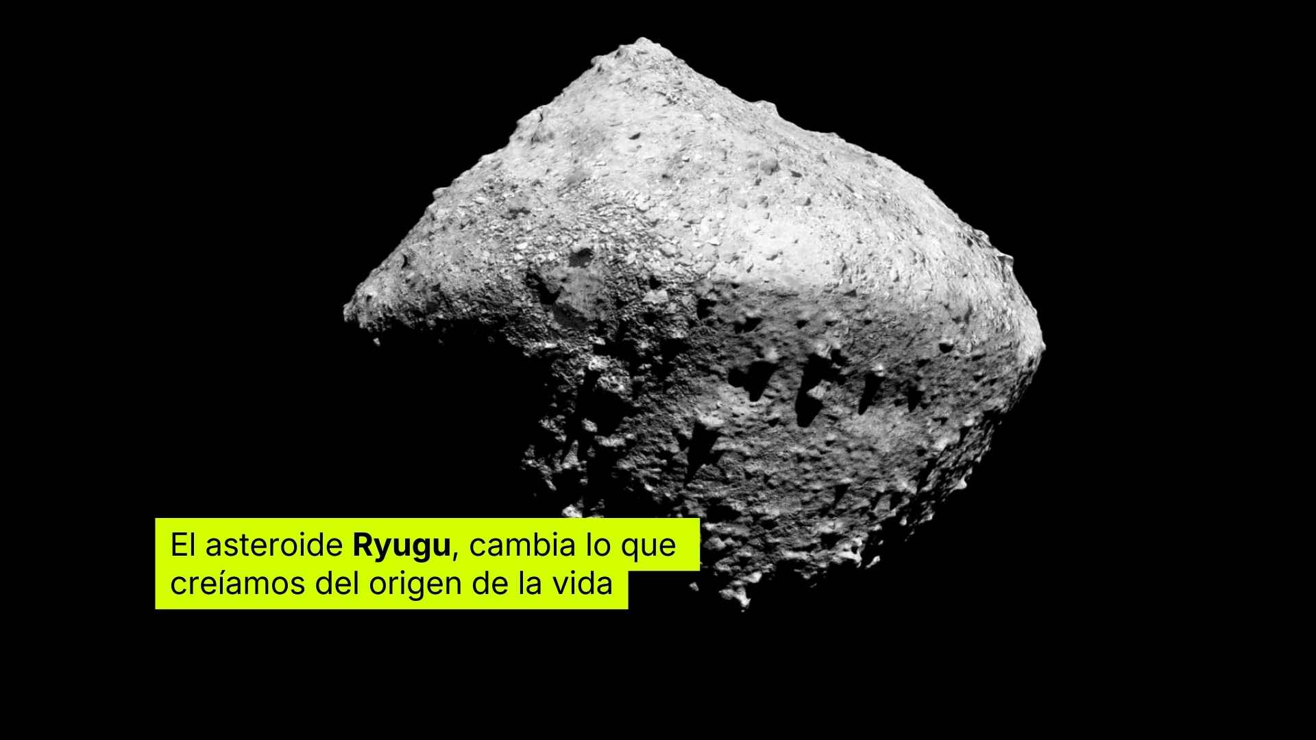 Asteroide Ryugu con representación de las bases del ADN encontradas en el espacio, descubrimiento sobre el origen de la vida
