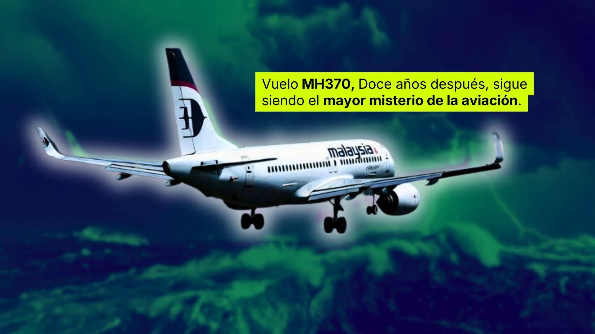Ilustración del avión MH370 de Malaysia Airlines desaparecido en 2014 sobre el océano Índico, uno de los mayores misterios de la aviación moderna, imagen creada por Los Bonobos.