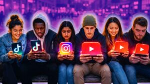 Persona usando TikTok, Instagram y YouTube en su celular representando la lucha de las redes sociales por captar la atención digital en 2026, contenido de Los Bonobos