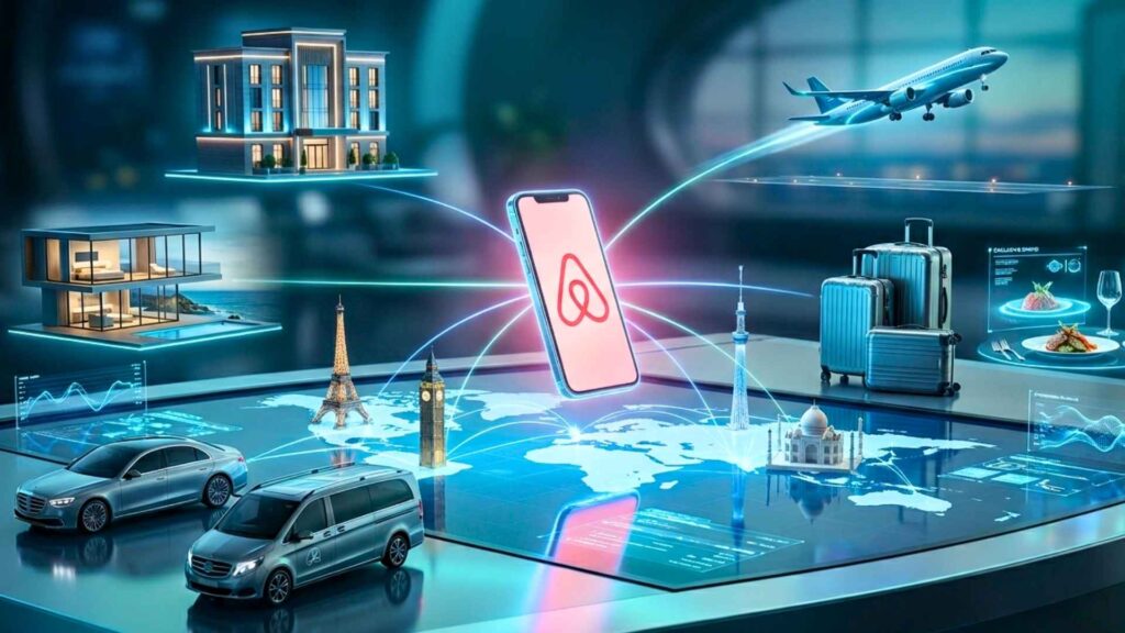 Representación futurista de Airbnb como una plataforma integral de viajes que conecta alojamiento, hoteles boutique, transporte, experiencias turísticas e inteligencia artificial en una red global de servicios digitales.