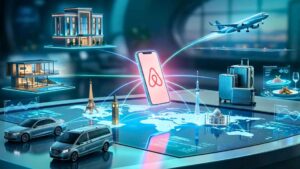 Representación futurista de Airbnb como una plataforma integral de viajes que conecta alojamiento, hoteles boutique, transporte, experiencias turísticas e inteligencia artificial en una red global de servicios digitales.
