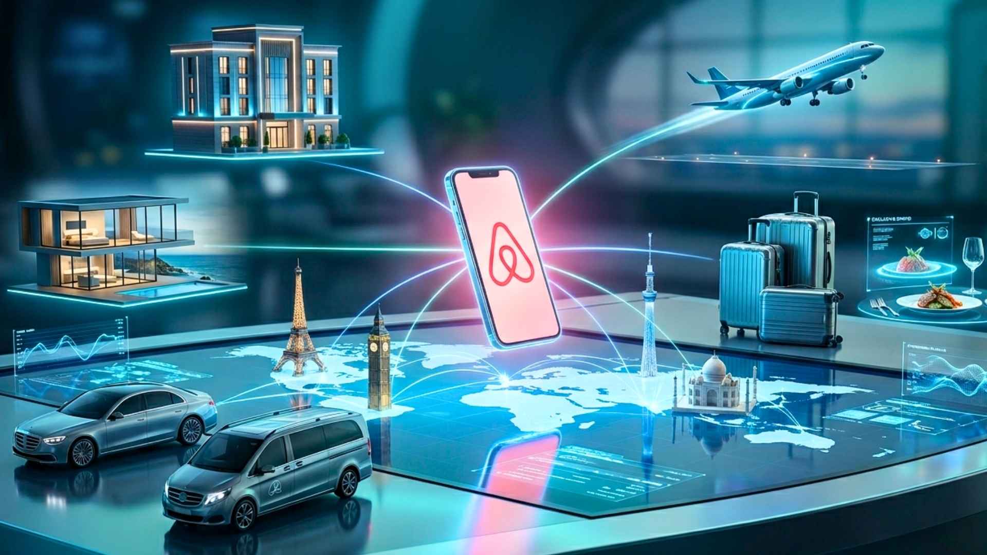 Representación futurista de Airbnb como una plataforma integral de viajes que conecta alojamiento, hoteles boutique, transporte, experiencias turísticas e inteligencia artificial en una red global de servicios digitales.