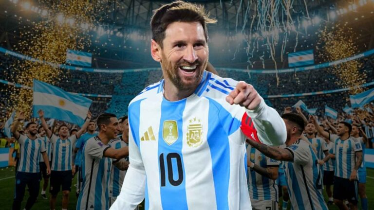 Lionel Messi con la camiseta 10 de Argentina celebrando con la Scaloneta para el Mundial 2026
