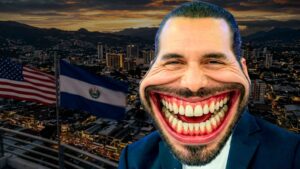 Caricatura exagerada de Nayib Bukele sonriendo, representando el optimismo desbordado del modelo El Salvador