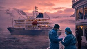 Crucero de expedición navegando cerca de la Patagonia durante el brote de hantavirus que encendió alertas sanitarias internacionales, imagen creada por Los Bonobos.