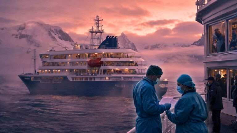 Crucero de expedición navegando cerca de la Patagonia durante el brote de hantavirus que encendió alertas sanitarias internacionales, imagen creada por Los Bonobos.