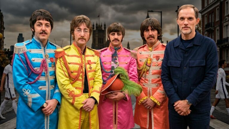 Thomas Tuchel junto a cuatro personas con trajes Sgt. Pepper de The Beatles al anunciar convocados de Inglaterra para el Mundial 2026