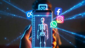 Ilustración de inteligencia artificial analizando el rostro y cuerpo de una persona para estimar su edad en redes sociales, concepto de Meta y control digital