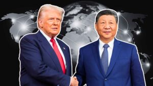 Donald Trump llega a Beijing acompañado por Elon Musk y Jensen Huang en medio de la cumbre entre Estados Unidos y China sobre inteligencia artificial, comercio y tecnología global. Imagen creada por Los Bonobos.