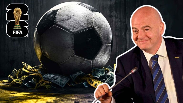 Balón de fútbol gigante aplastando billetes y entradas del Mundial 2026, imagen editorial creada por Los Bonobos para ilustrar la investigación sobre los precios abusivos de la FIFA