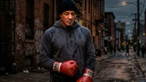 Rocky Balboa pensativo en una calle de Filadelfia