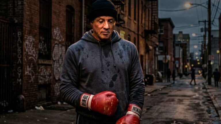 Rocky Balboa pensativo en una calle de Filadelfia
