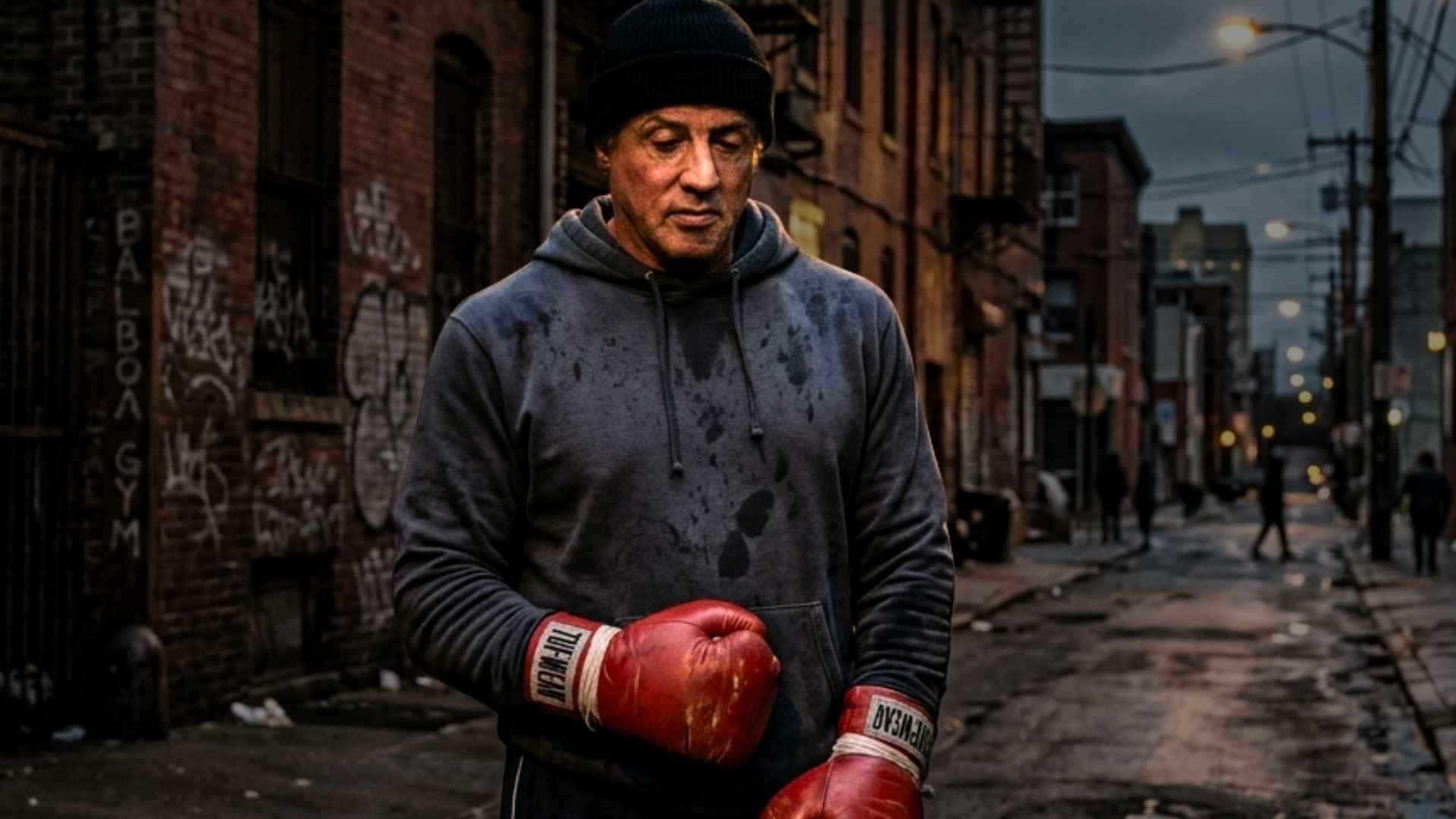 Rocky Balboa pensativo en una calle de Filadelfia
