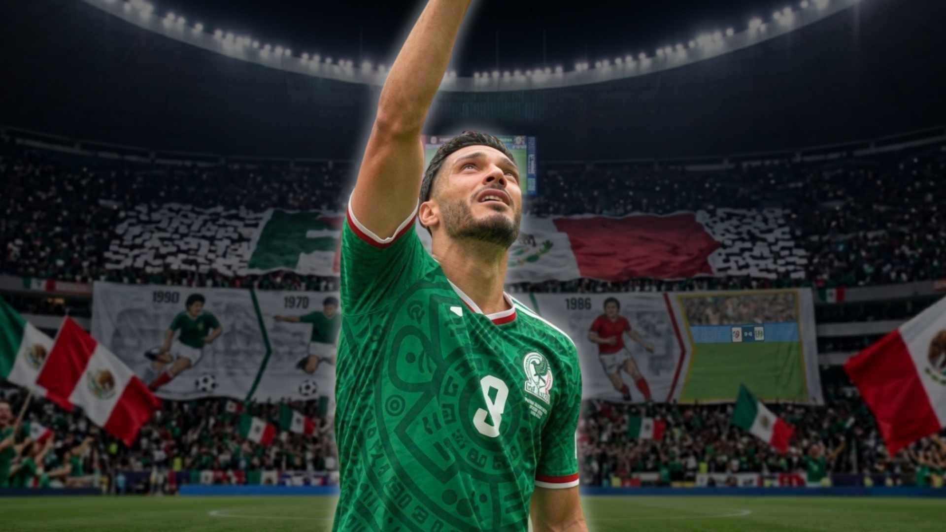 Raúl Jiménez de rodillas en el césped, brazos alzados al cielo y lágrimas en el rostro, tras marcar el 2-0 de México ante Sudáfrica en el Mundial 2026
